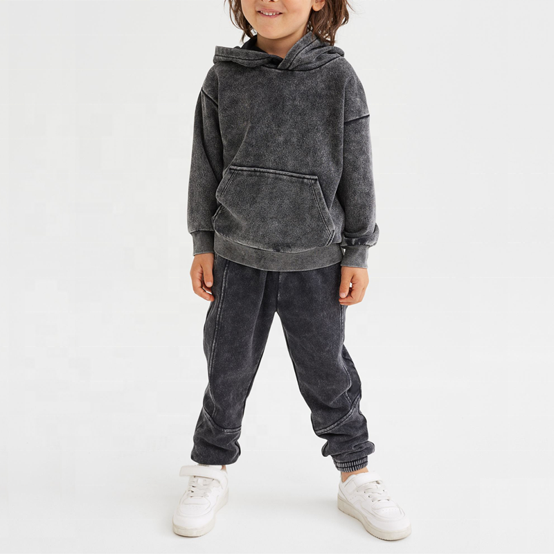 Hot Fashion Boys Vintage Sweatsuit Custom Logo Cotton 2 Pieces Set Popular Kid Acid Wash Tracksuit 
